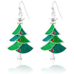 RareLove Green Christmas Tree with Star Red Rhinestone Pierced Dangle Earrings CZ Crystal Silver Plated Alloy Holiday For Women Girls