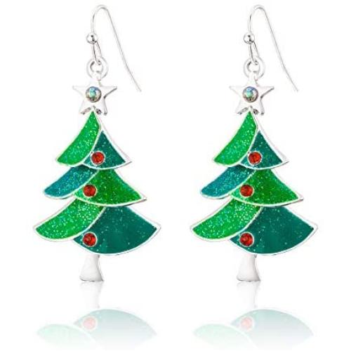 RareLove Green Christmas Tree with Star Red Rhinestone Pierced Dangle Earrings CZ Crystal Silver Plated Alloy Holiday For Women Girls