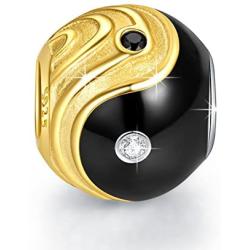 NINAQUEEN Tai Chi Valentines Day Charms Gifts 925 Sterling Silver Gold Plated Black Enamel Bead Charms with 5A Cubic Zirconia Chinese Elements Charms for Bracelets Necklaces