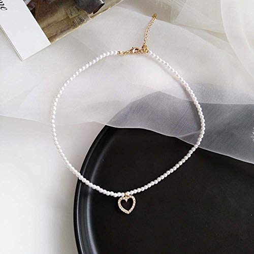 REQU Girl Women Korean Wild Pearl Necklace Trendy Clavicle Chain with Love Heart Pendant Choker Fashion Jewelry