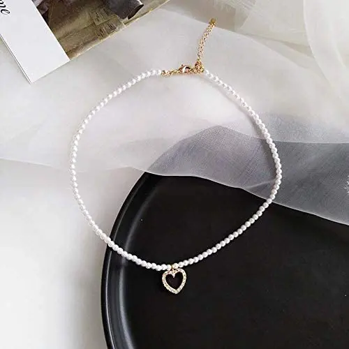 REQU Girl Women Korean Wild Pearl Necklace Trendy Clavicle Chain with Love Heart Pendant Choker Fashion Jewelry