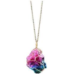Challyhope Natural Rainbow Stone Healing Crystal Rock Quartz Pendant Necklace Birthstone Gold Plated Full Wire Wrap Gemstone Necklace Jewelry