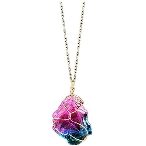 Challyhope Natural Rainbow Stone Healing Crystal Rock Quartz Pendant Necklace Birthstone Gold Plated Full Wire Wrap Gemstone Necklace Jewelry