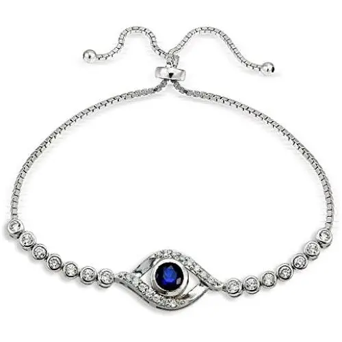 Hoops & Loops Sterling Silver Blue Cubic Zirconia Evil Eye Pullstring Adjustable Bracelet Hoops & Loops Sterling Silver Blue Cubic Zirconia Evil Eye Pullstring Adjustable Bracelet