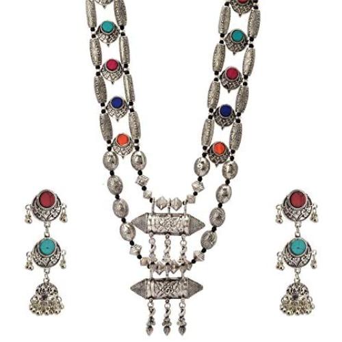 Zephyrr Afghani/Turkish Necklace Earrings Set Silver Tone Casual Daily Wear Statement Jewelry for Women JAN-1976