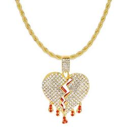 Mens Bling Iced Out Broken Heart Pendant Chain Fake Diamond Tennis Cuban with Heartbreaks 24 Inches