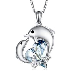 TOUPOP Mom Gifts s925 Sterling Silver Mother Child Dolphin Necklace Ocean Cute Animals Pendant Jewelry Gifts with Blue Heart Crystal for Women Mom Girls Birthday Mothers Day