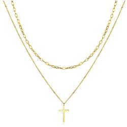 HAWSON Tiny Cross Necklace, 18K Gold Necklace for Girls, Imitation Pearls Cross Pendant, Layered Necklaces for Women, Dainty Necklace, Small Delicate Necklace, Charm Chokers for Lovers Gifts