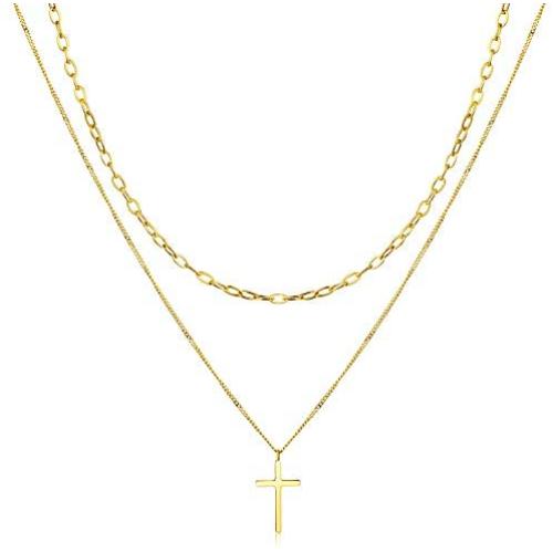 HAWSON Tiny Cross Necklace, 18K Gold Necklace for Girls, Imitation Pearls Cross Pendant, Layered Necklaces for Women, Dainty Necklace, Small Delicate Necklace, Charm Chokers for Lovers Gifts