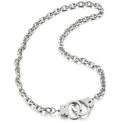 COOLSTEELANDBEYOND Mens Womens Link Chain Handcuff Necklace Silver Color, 26.8 inches Rope Chain, Punk Rock