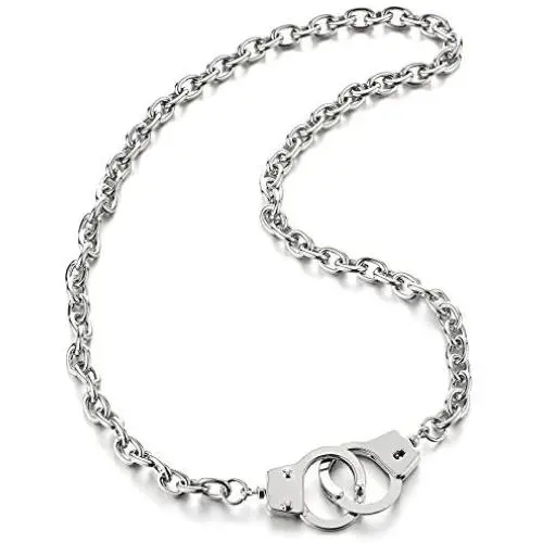 COOLSTEELANDBEYOND Mens Womens Link Chain Handcuff Necklace Silver Color, 26.8 inches Rope Chain, Punk Rock COOLSTEELANDBEYOND Mens Womens Link Chain Handcuff Necklace Silver Color, 26.8 inches Rope Chain, Punk Rock