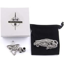 Gungneer Triquetra Cat Pendant Necklace with Steel Keel Chain, Celtic Trinity Knot Zodiac Charm Necklace for Women Men, 316L Stainless Steel Bonus 2X Runic Beard Beads