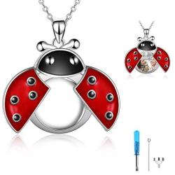 Ladybug Urn Necklace for Ashes for Women Sterling Silver Ladybug Locket That Holds Pictures Cremation Necklace Jewelry for Human Pet