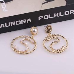Women Jewelry Lucky Number Five Big Waves Circle Earrings with Pearl