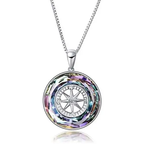 AOBOCO Compass Necklace Sterling Silver Circle Pendant Necklace with Color-changed Crystal, Birthday Graduation Jewelry Gift for Women Men Girls AOBOCO Compass Necklace Sterling Silver Circle Pendant Necklace with Color-changed Crystal, Birthday Graduation Jewelry Gift for Women Men Girls