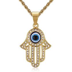Lee Island Fashion 24K Gold Plated Simmulated Diamond CZ Fully 3D Blue Evil Eye Beads Fatima Hamsa Hand Egyptian Protection Pendant Stainless Steel Necklace, 24 Inch Chain Jewelry