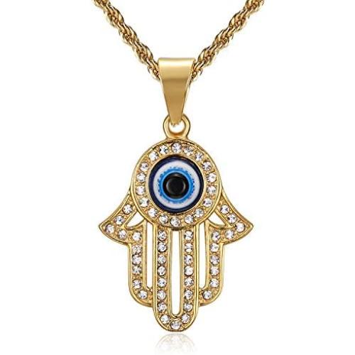 Lee Island Fashion 24K Gold Plated Simmulated Diamond CZ Fully 3D Blue Evil Eye Beads Fatima Hamsa Hand Egyptian Protection Pendant Stainless Steel Necklace, 24 Inch Chain Jewelry