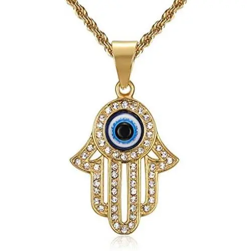 Lee Island Fashion 24K Gold Plated Simmulated Diamond CZ Fully 3D Blue Evil Eye Beads Fatima Hamsa Hand Egyptian Protection Pendant Stainless Steel Necklace, 24 Inch Chain Jewelry Lee Island Fashion 24K Gold Plated Simmulated Diamond CZ Fully 3D Blue Evil Eye Beads Fatima Hamsa Hand Egyptian Protection Pendant Stainless Steel Necklace, 24 Inch Chain Jewelry