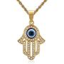 Lee Island Fashion 24K Gold Plated Simmulated Diamond CZ Fully 3D Blue Evil Eye Beads Fatima Hamsa Hand Egyptian Protection Pendant Stainless Steel Necklace, 24 Inch Chain Jewelry