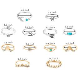 PANTIDE 55Pcs Boho Star Moon Knuckle Ring Set for Women Girls Vintage Stackable Trendy Finger Midi Rings Jewelry Bohemian Hollow Carved Flowers Gold&Silver Rings Crystal Joint Rings with Storage Bag