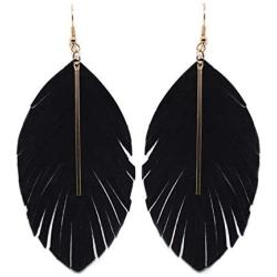 Miracle Collection Lightweight Genuine Soft Leather Fringe Leaf with Simple Drop Metal Bar Dangle Earring for Women and Girls