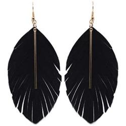 Miracle Collection Lightweight Genuine Soft Leather Fringe Leaf with Simple Drop Metal Bar Dangle Earring for Women and Girls