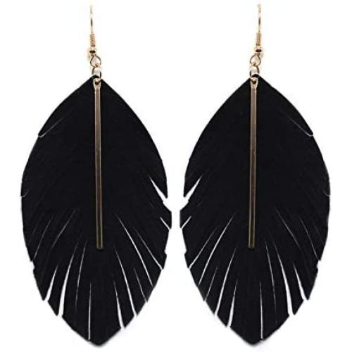 Miracle Collection Lightweight Genuine Soft Leather Fringe Leaf with Simple Drop Metal Bar Dangle Earring for Women and Girls