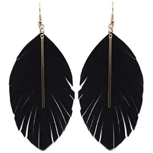Miracle Collection Lightweight Genuine Soft Leather Fringe Leaf with Simple Drop Metal Bar Dangle Earring for Women and Girls Miracle Collection Lightweight Genuine Soft Leather Fringe Leaf with Simple Drop Metal Bar Dangle Earring for Women and Girls