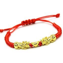Feng Shui The Best Red String Bracelet with Double Pi Xiu/Pi Yao and Golden Wealth Ingots Bracelet Jewelry Attract Wealth and Good Luck