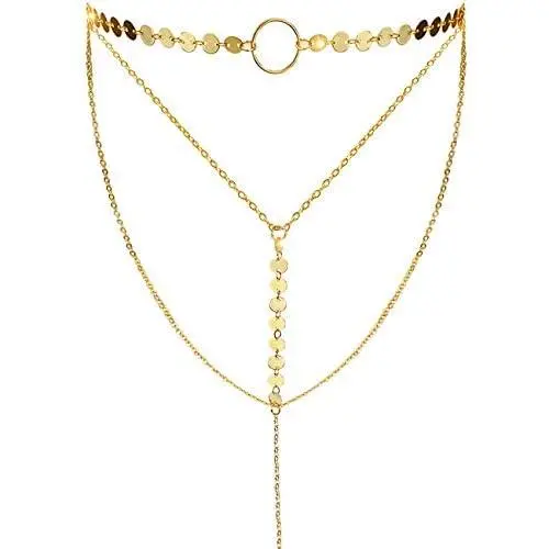Suyi Stylish Layered Sequins Choker Necklace with Thin Long Chain Pendant for Women Lady Girl