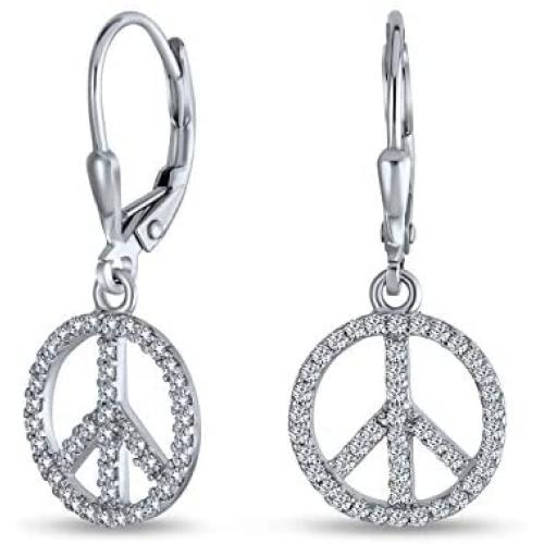 World Peace Sign Symbol Cubic Zirconia Pave CZ Leverback Drop Dangle Earrings For Women For Teen 925 Sterling Silver