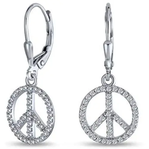 World Peace Sign Symbol Cubic Zirconia Pave CZ Leverback Drop Dangle Earrings For Women For Teen 925 Sterling Silver