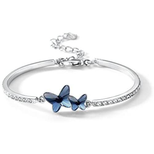 T400 Blue Purple Pink Butterfly Crystal Bangle Link Bracelet Birthday Gift for Women Girls