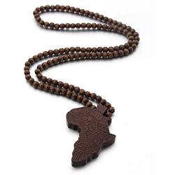 The Woos Wooden Beaded Sweater Chain Vintage Cross/African Map Pendant for Men and Women Hip Hop Necklace Jewelry Unisex Necklaces Gifts