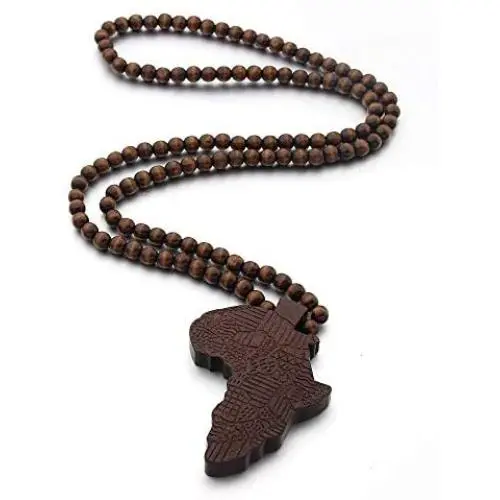 The Woos Wooden Beaded Sweater Chain Vintage Cross/African Map Pendant for Men and Women Hip Hop Necklace Jewelry Unisex Necklaces Gifts