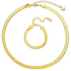 U/D Gold Plated Snake Chain Necklace Bracelet 5MM Flat Herringbone Choker Dainty Adjustable 16Inch Necklace for Women