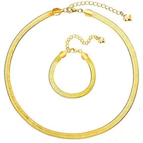 U/D Gold Plated Snake Chain Necklace Bracelet 5MM Flat Herringbone Choker Dainty Adjustable 16Inch Necklace for Women