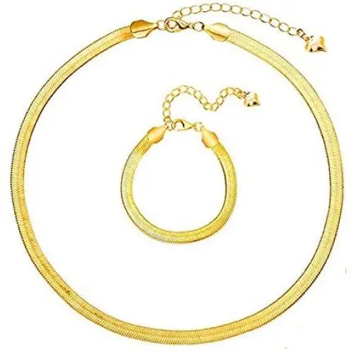 U/D Gold Plated Snake Chain Necklace Bracelet 5MM Flat Herringbone Choker Dainty Adjustable 16Inch Necklace for Women U/D Gold Plated Snake Chain Necklace Bracelet 5MM Flat Herringbone Choker Dainty Adjustable 16Inch Necklace for Women