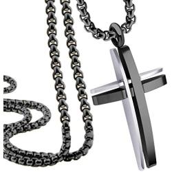 555Jewelry Grooved Stainless Steel Cross Necklace for Men and Women 16-24'' Chain