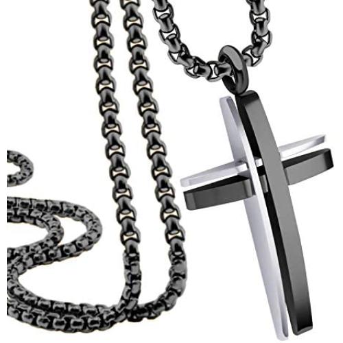 555Jewelry Grooved Stainless Steel Cross Necklace for Men and Women 16-24'' Chain