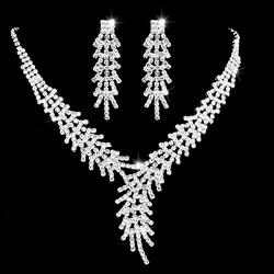 Unicra Bride Silver Necklace Earrings Set Crystal Bridal Wedding Jewelry Set Rhinestone Bridesmaid Party Choker Necklace Drop Dangle Earrings Sets for Women and Girls (Silver-4)