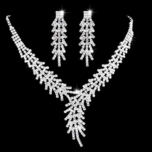 Unicra Bride Silver Necklace Earrings Set Crystal Bridal Wedding Jewelry Set Rhinestone Bridesmaid Party Choker Necklace Drop Dangle Earrings Sets for Women and Girls (Silver-4)