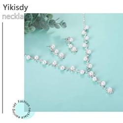 Yikisdy Bride Wedding Necklace Earrings Set Bridal Crystal Necklaces Jewelry Rhinestones Pearl Choker Necklace Accessories for Women and Girls (1) (1)
