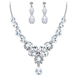 EVER FAITH Womens Wedding Jewelry Rhinestone Crystal Flower Teardrop Pendant Necklace Dangle Earrings Set