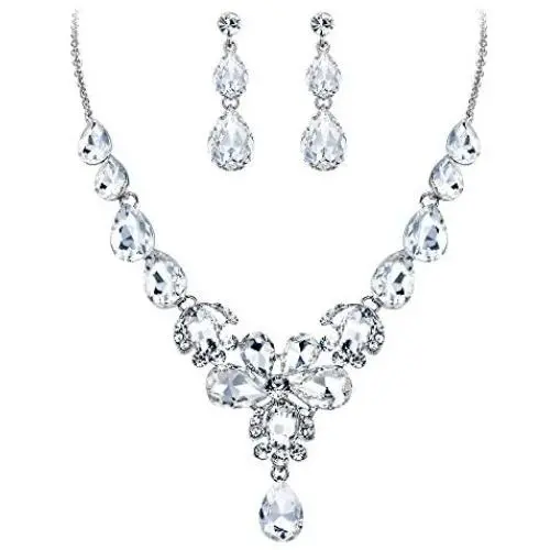 EVER FAITH Womens Wedding Jewelry Rhinestone Crystal Flower Teardrop Pendant Necklace Dangle Earrings Set EVER FAITH Womens Wedding Jewelry Rhinestone Crystal Flower Teardrop Pendant Necklace Dangle Earrings Set