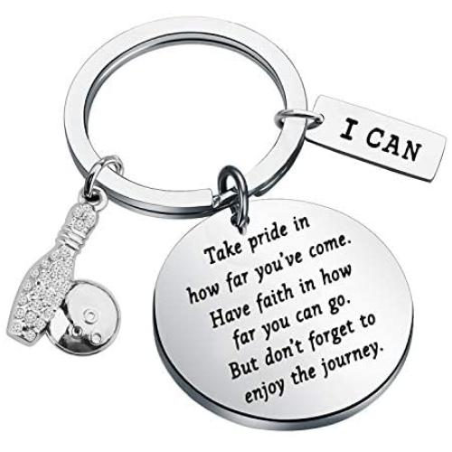FUSTMW Bowling Ball Keychain Bowling Team Gifts Bowling Coach Keychain Bowling Player Inspiration Gifts for Bowling Lovers Jewelry Take Pride in How Far You Have Come