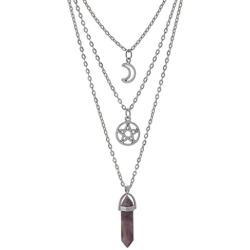 MJartoria Moon Pentagram Necklace Pentacle Crystal Chakra Necklace Charm Pendant Multi Layered Alloy Chain Choker Necklaces Set Gothic Jewelry