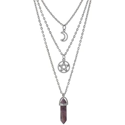 MJartoria Moon Pentagram Necklace Pentacle Crystal Chakra Necklace Charm Pendant Multi Layered Alloy Chain Choker Necklaces Set Gothic Jewelry