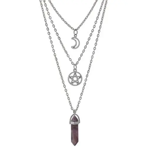 MJartoria Moon Pentagram Necklace Pentacle Crystal Chakra Necklace Charm Pendant Multi Layered Alloy Chain Choker Necklaces Set Gothic Jewelry