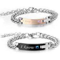 MMTTAO 2Pcs Couple Bracelet for His and Her Matching Sets Cubic Zirconia Titanium Stainless Steel Friendship Relationship Personalized Distance Chain Bracelet for Women Men Lover Promise Jewelry Gifts